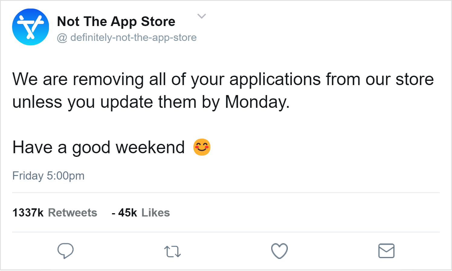 A fake Tweet that reads, Update your applications or we will remove them from our app store.