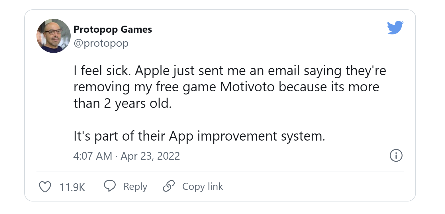 A real Tweet from a developer detailing an ask from Apple to update their application or it will be removed.